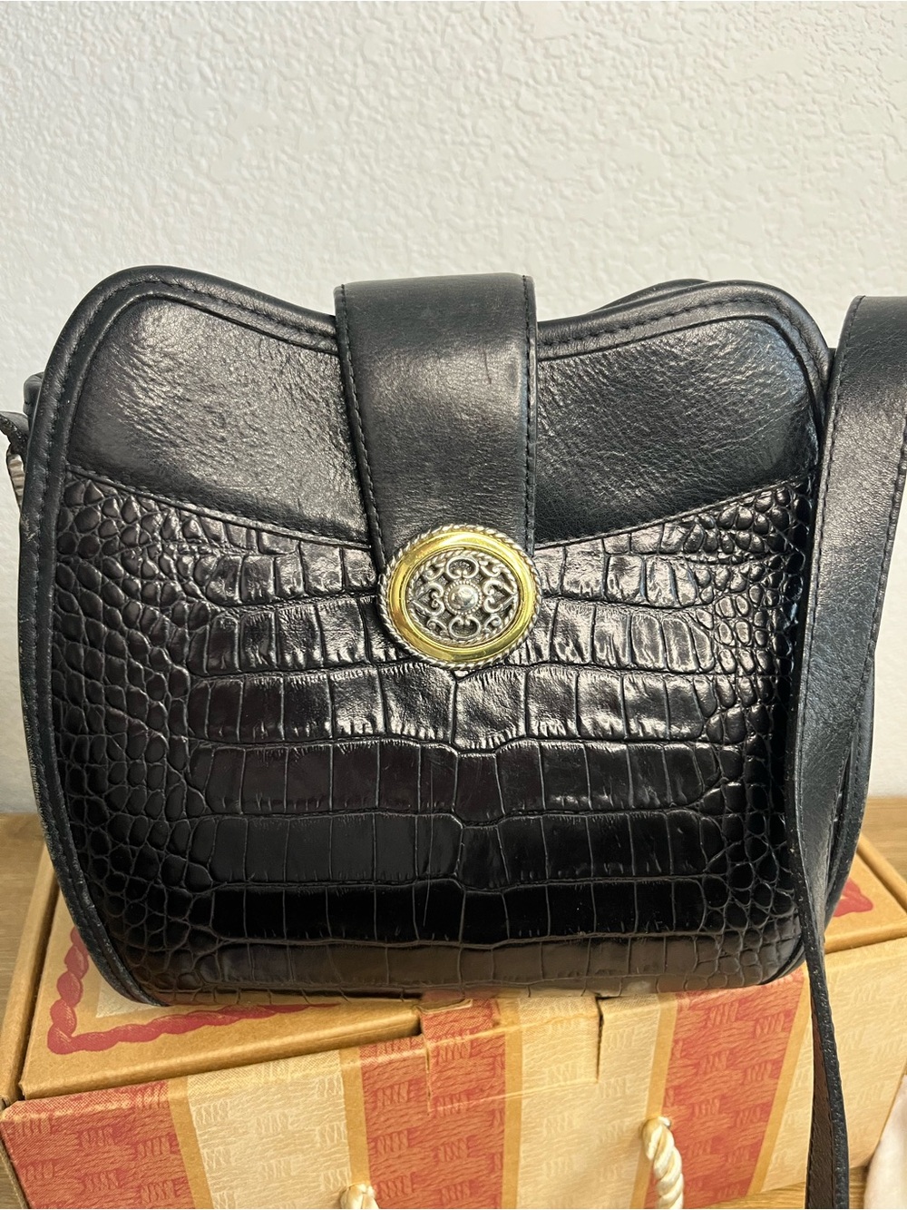 NOS Vintage Brighton Poppy Black Croc Embossed Leather Shoulder Bag H3053 NWOT - Picture 3 of 13